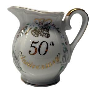 Vintage Lefton China 50th Anniversary Creamer - 1960s Japan Porcelain Gold Trim